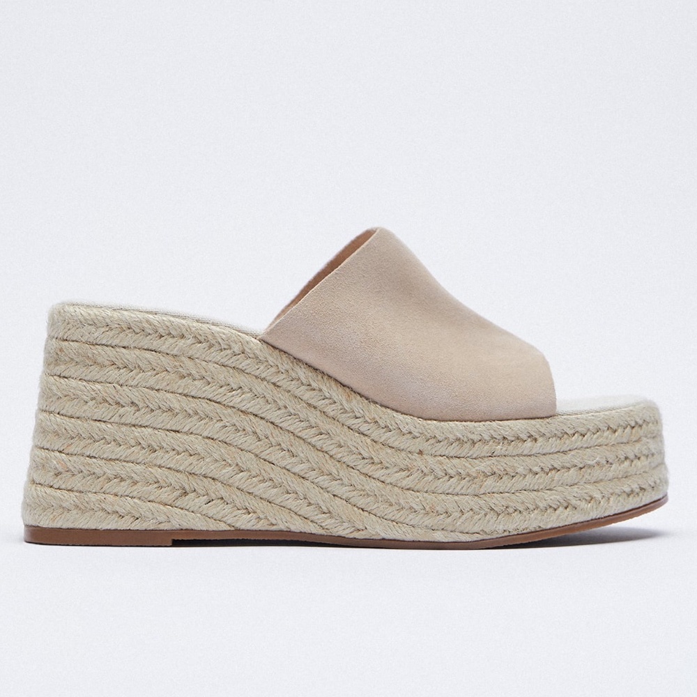 Zara Split Suede Leather Jute Wedges Espadrilles Sandals